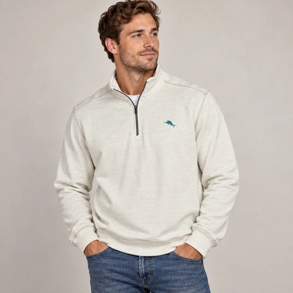 Tommy Bahama Tobago Bay Half Zip Pullover Mens XL Coconut Off White Sweatshirt